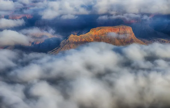 Clouds, mountains, rocks, canyon