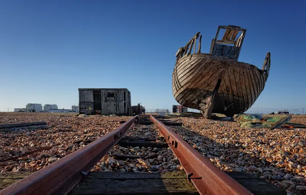 Picture ship, rails, the skeleton, rust, the barn, railroad, devastation, building