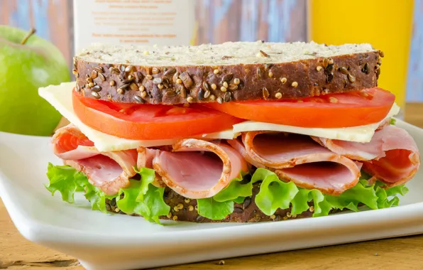Cheese, sandwich, tomatoes, cheese, ham, ham