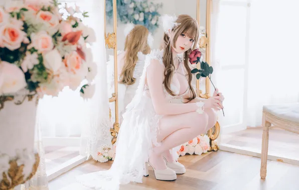 Picture look, flowers, pose, model, shoes, Asian, beauty, cutie