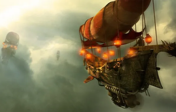 The sky, clouds, lights, the airship, dirigible