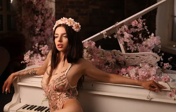 Girl, flowers, pose, hands, figure, piano, brunette, tattoo