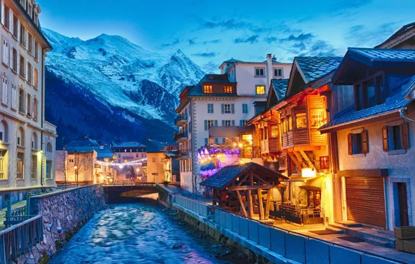 Picture winter, mountains, the city, France, home, the evening, lighting, channel