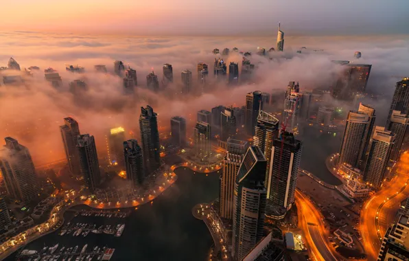 Picture the city, lights, fog, the evening, Dubai, UAE