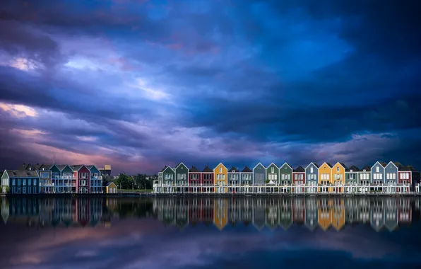 Picture the sky, water, clouds, reflection, clouds, the city, houses, Netherlands