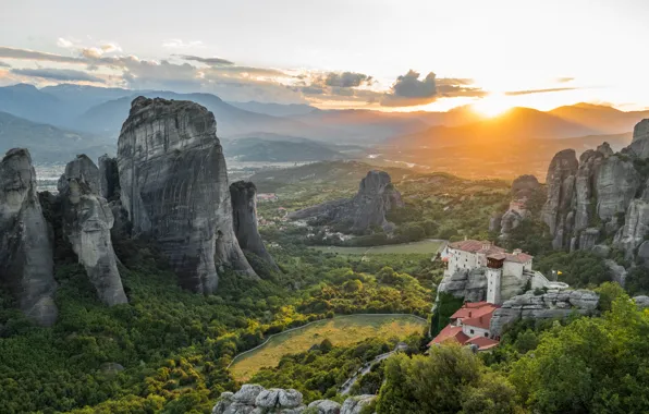 Wallpaper Mountains, Greece, Landscape, Meteors, The monastery for ...