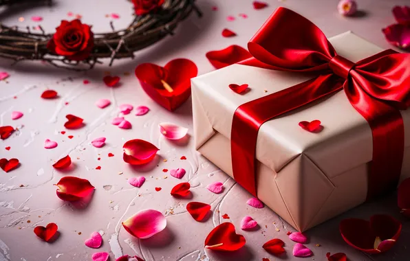Flowers, box, gift, roses, petals, bow, wreath, Valentine's Day