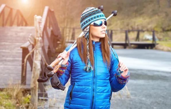 Autumn, hat, stick, glasses, jacket, brown hair, beauty, blue