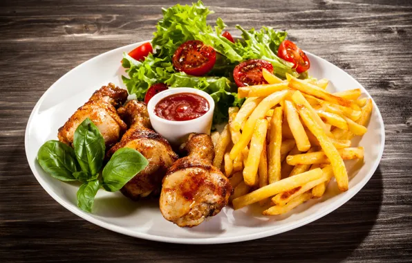 Picture chicken, tomatoes, sauce, salad, potatoes