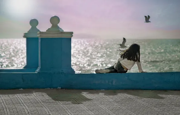 Birds, the ocean, seagulls, girl, Spain, promenade, Spain, Andalusia