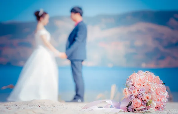 Picture love, flowers, bouquet, pair, love, happy, pink, wedding