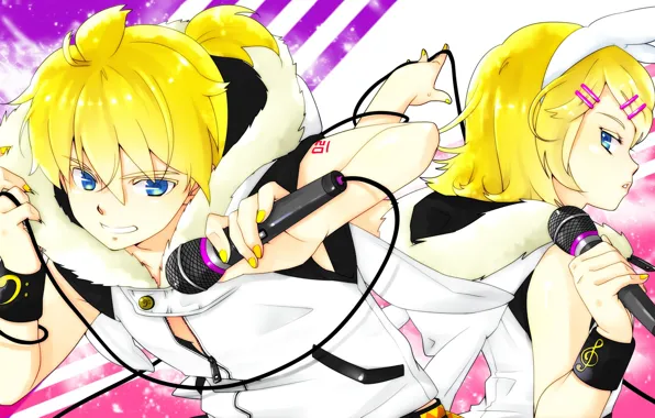 Girl, music, guy, two, Vocaloid, Vocaloid, microphones, Kagamine Len