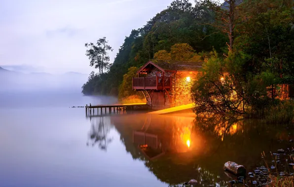 Picture forest, fog, lake, England, lights, house, Joe Daniel Price