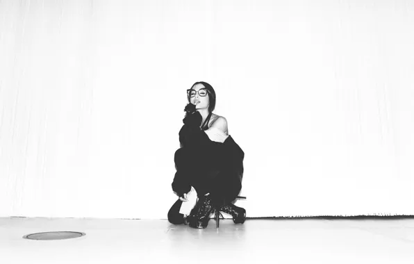 Pose, glasses, heels, black and white, Ariana Grande