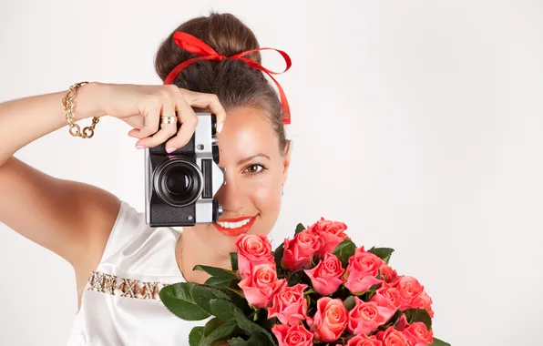 Picture girl, flowers, roses, the camera