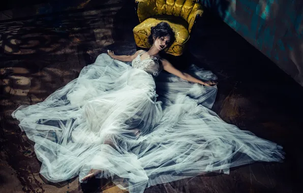 Picture girl, model, interior, chair, dress, fashion