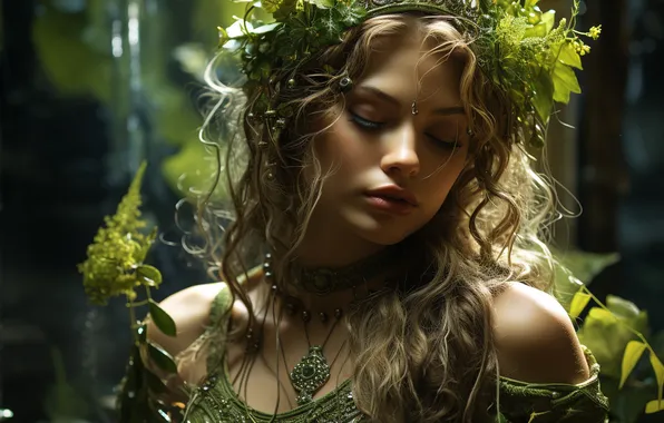 Forest, leaves, girl, light, decoration, nature, pose, portrait