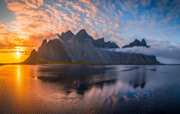 Picture sea, landscape, sunset, mountains, rock, Iceland, Vestrahorn