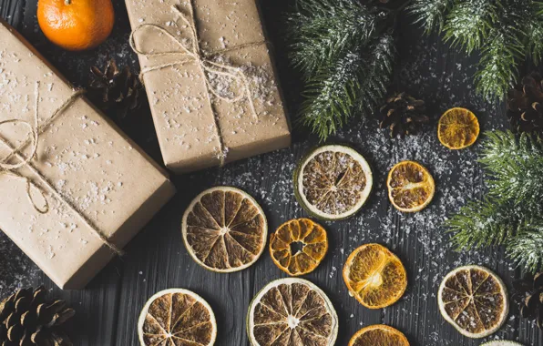 New year, spruce, gifts, citrus, tangerines, dry orange
