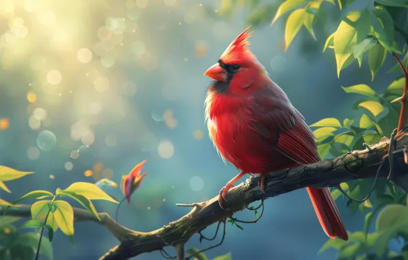 Leaves, light, tree, bird, branch, bokeh, cardinal, red cardinal