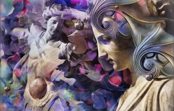 Girl, collage, statue