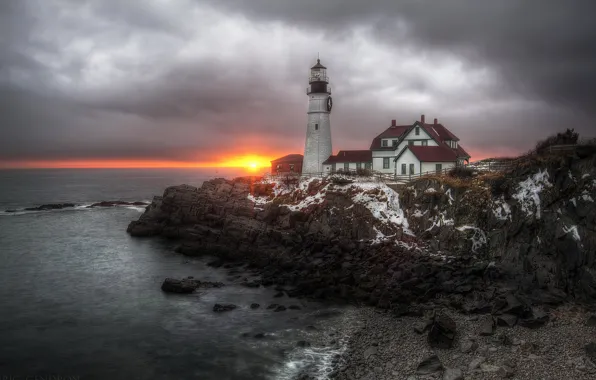 Picture sea, lighthouse, United States, Maine, Cape Elizabeth