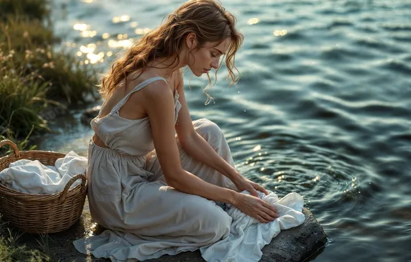Water, girl, nature, pose, river, shore, profile, linen