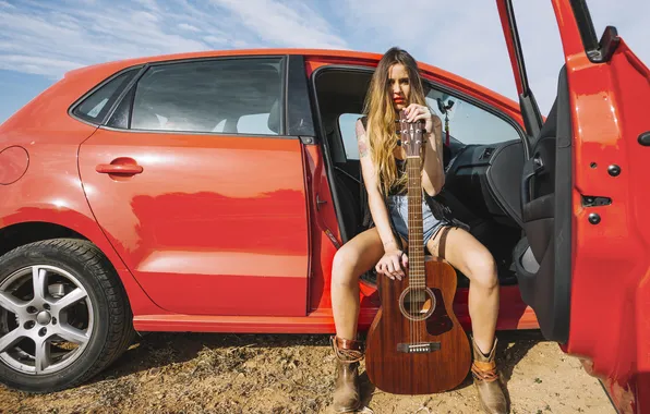 Picture car, guitar, woman, Poising