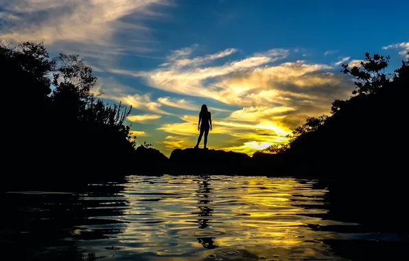 Water, girl, sunset, silhouette