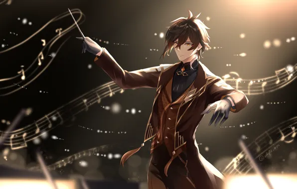 Notes, magic, fantasy, guy, Genshin Impact, Zhongli, conductor's baton