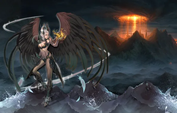 Girl, mountains, the city, magic, wings, feathers, art, Lineage