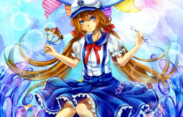 Girl, bubbles, anime, art, spoon, ice cream, bows, cap