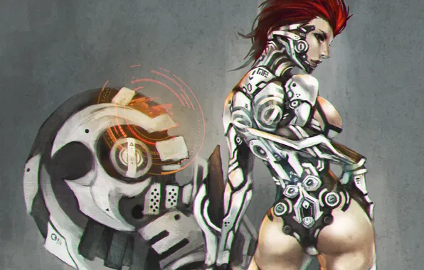 Ass, girl, fiction, art, red, cyborg, Cyberpunk