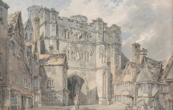 Picture home, picture, watercolor, the urban landscape, Canterbury, William Turner, Gate Church of Christ