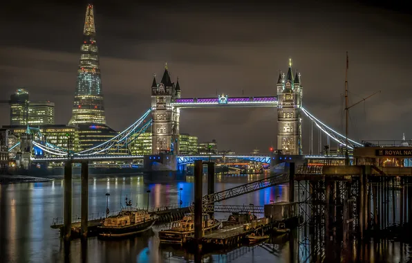 Night, lights, river, England, UK, London
