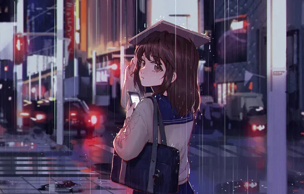 Night, the city, rain, girl