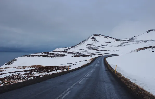 Road, snow, mountains, lake, storm, gray clouds