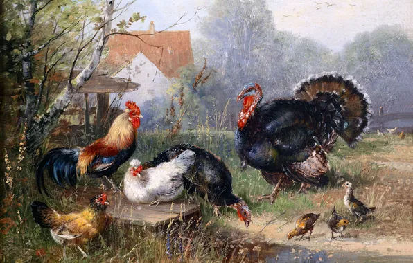 Grass, Trees, House, Birds, Picture, Cock, Chickens, German artist