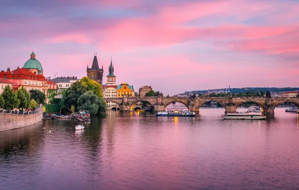 Picture sunset, Prague, Czech Republic, the Vltava river, Charles Bridge, crimson sky