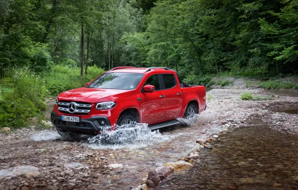 Forest, water, red, stones, Mercedes-Benz, pickup, 2018, X-Class