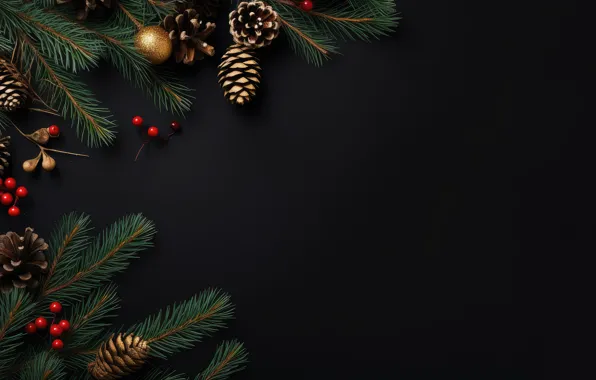 Branches, berries, the dark background, ball, fruit, Christmas, New year, black background