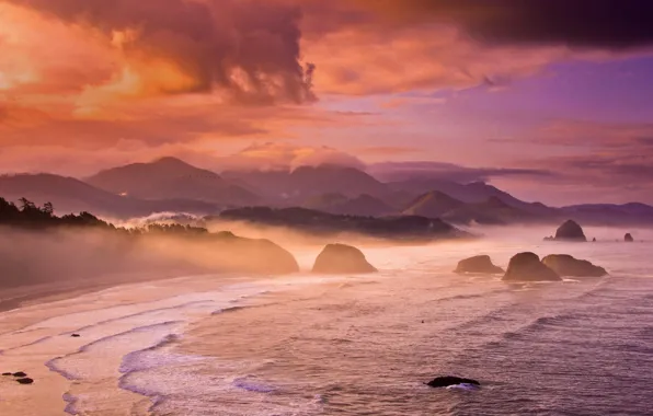 Picture sea, rocks, mountains, Cannon Beach, Oregon, USA