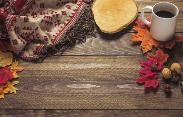 Picture autumn, leaves, background, tree, coffee, colorful, scarf, Cup