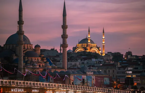 Picture the city, the evening, lighting, mosque, Istanbul, Turkey, Galata bridge, Gennadiy Udovichenko