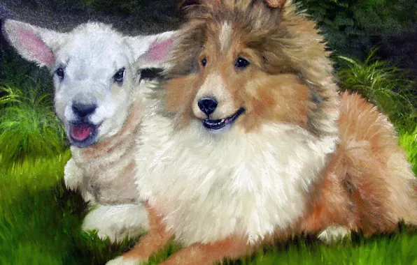 Look, pose, oil, portrait, dog, pair, lamb, painting