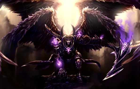 Picture weapons, wings, glow, armor, art, braid, God of Death, Thanatos