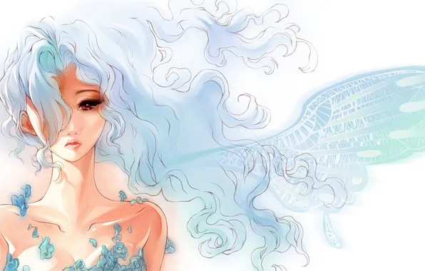 Girl, wing, blue hair
