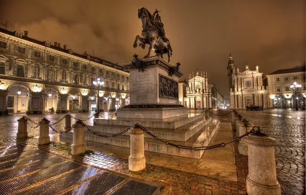 Night, lights, home, area, Italy, monument, Turin, Piazza San Carlo