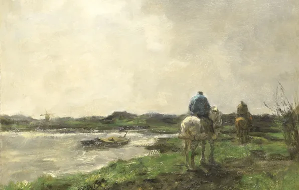 Landscape, oil, picture, canvas, Jacob Maris Hendrikus, Towing