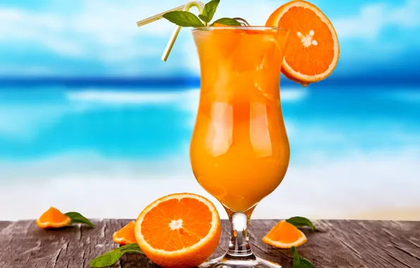 Ice, glass, oranges, juice, cocktail, drink, citrus, fresh